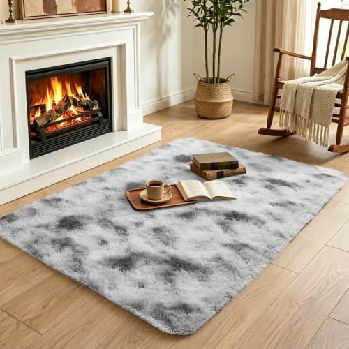 2x3 Tie-Dyed Grey and White Fluffy Area Rug Non-Slip for Entryway Bedroom - Image 4