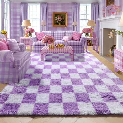 KICMOR Purple Rugs for Living Room Bedroom, Fluffy Soft Checkered 5x8 Area Rug Fuzzy Shag Shaggy Carpet, Indoor Furry Plush Floor Rugs for Kids Girls Boys Baby Teen Dorm Nursery Home Decor Aesthetic by KICMOR