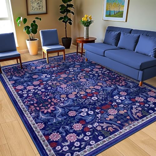PLHXFR 8x10 Area Rug Living Room: Floral Washable Boho Soft Carpet Blue - Image 2