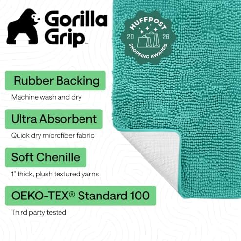 GORILLA GRIP Bath Rug Mat for Bathroom, Absorbent Chenille, 60x24 Turquoise - Image 2