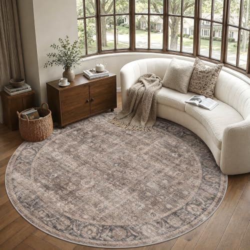 Washable 6ft Round Living Room Soft Rug Retro Taupe Navy Throw Carpet by HOME