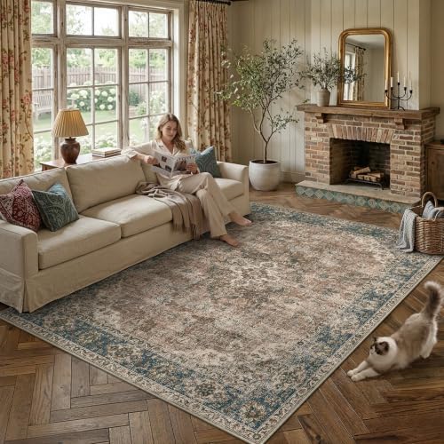 HUGEAR 9x12 Blue Brown Retro Floral Washable Area Rug for Living Room - Image 2