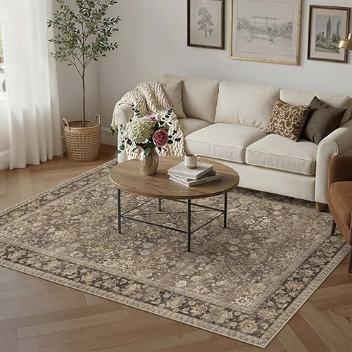 HUGEAR 5x8 Brown Vintage Floral Washable Area Rug for Living Room by HUGEAR