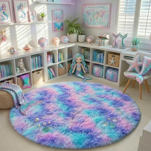 PAGISOFE Rainbow Purple Rugs 7Ft for Girls Bedroom, Cute Shaggy Round Rug for Kids Room Teen Girls Playroom Nursery Classroom, Indoor Fluffy Furry Pastel Mermaid Rug Soft Plush Kawaii Tent Carpet - Image 7