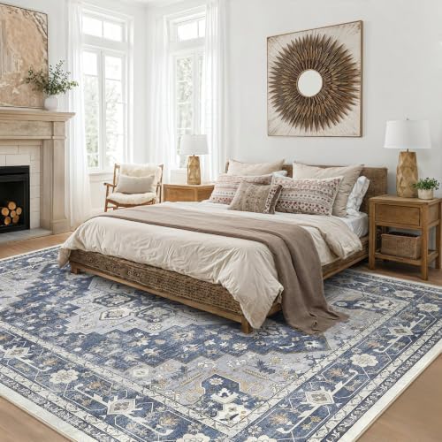 10x13 Area Rug for Living Room: Washable Vintage Gray Blue Rug by ZUNTKON