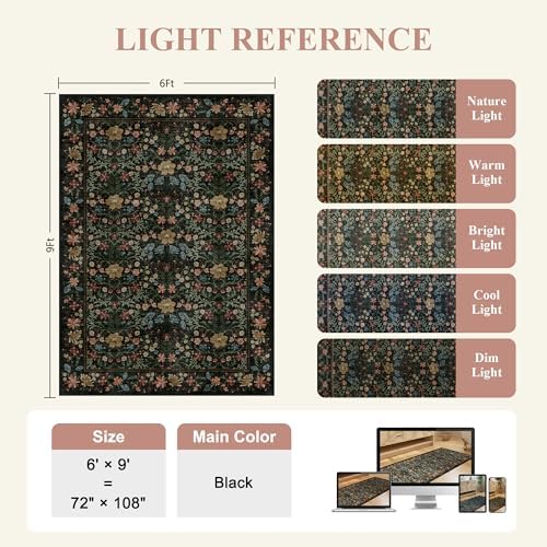 DUKINO 6x9 Area Rug, Vintage Floral Washable Rugs for Living Room, Black - Image 3