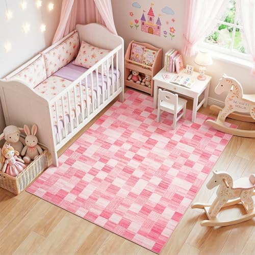 Terrug Pink and White Checkered Rug for Bedroom, 4x6 Washable Area Rugs - Image 3