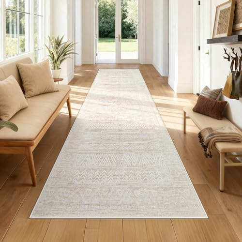 2x8 Washable Runner Rug: Moroccan Geometric Boho Rug Farmhouse Non Slip Stain Resistant Rugs Low Pile Soft Carpet for Porch Kitchen Laundry Room Living Room Bedroom (Ivory Beige,2'x8') by VECARF