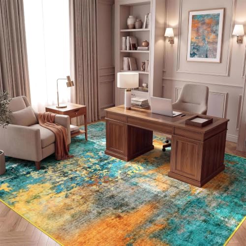 8x10 Area Rug for Living Room, Abstract Washable Large Rugs, Teal/Orange - Image 7