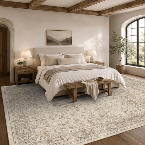 9x12 Washable Boho Area Rug, Beige Farmhouse for Living Room Carpet - Image 3