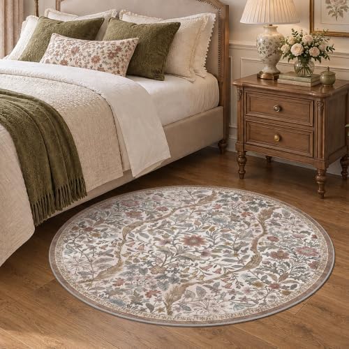 Round Rug 4ft Floral Circle Rug Green Botanical Indoor Area Rugs - Image 3