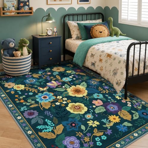 RELEANY Floral Washable 5x7 Area Rugs Teal/Purple - Image 2