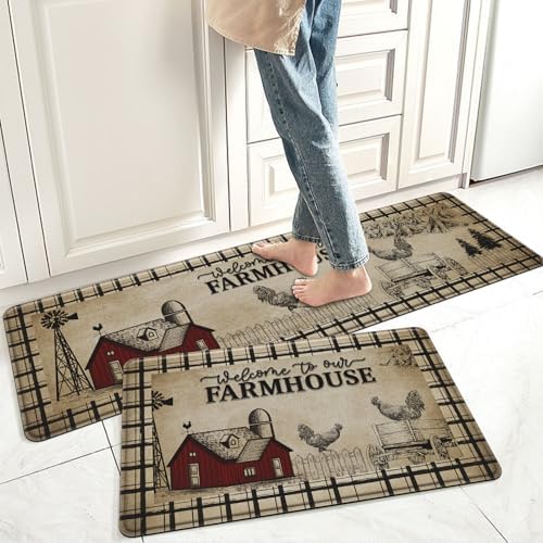 2PCS Farmhouse Kitchen Rugs,Retro Rooster Anti Fatigue Kitchen Mat - Image 3