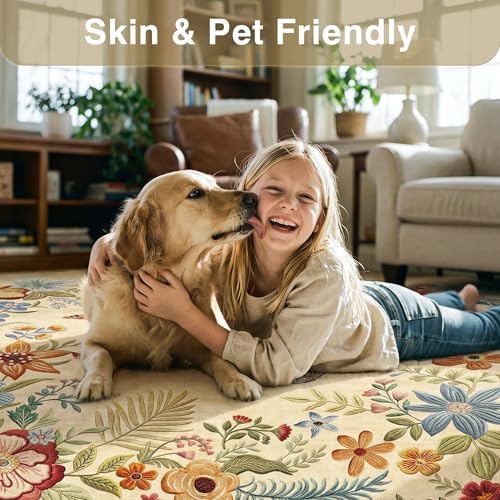 FMFUNCTEX 4x5 Washable Beige Floral Vintage Scalloped Area Rug for Entryway - Image 6