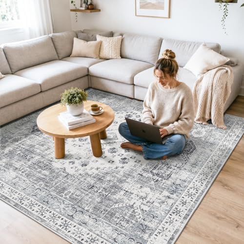 Washable 5x5 Area Rug Square - Vintage Living Room Bedroom Rugs with Non Slip Backing Indoor Durable Low Pile Carpet for Entryway Office Nursery Foldable Home Decor Floor Mat 5x5 Grey - Image 2