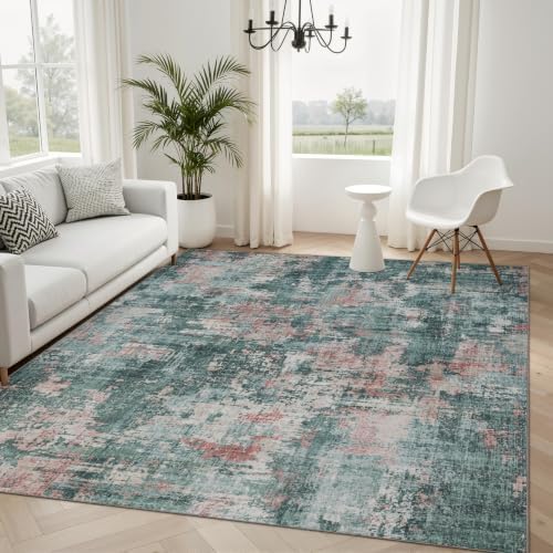 Sasttie 5x7 Washable Area Rug, Modern Abstract Carpet, Pink & Green by SASTTIE