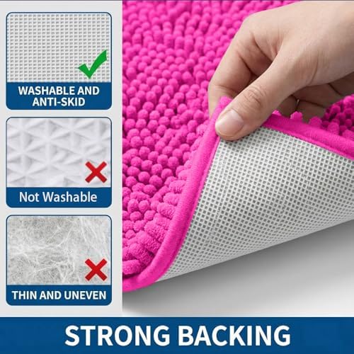 Bathroom Rugs Sets 2 Piece,Super Absorbent Chenille Bath Mats and U-Shaped Toilet Rug,Strong PVC Non Slip Backing,Microfiber Washable Dry Quickly Bath Mats for Bathroom(20"x32"+20"x20"U,Hot Pink) - Image 5