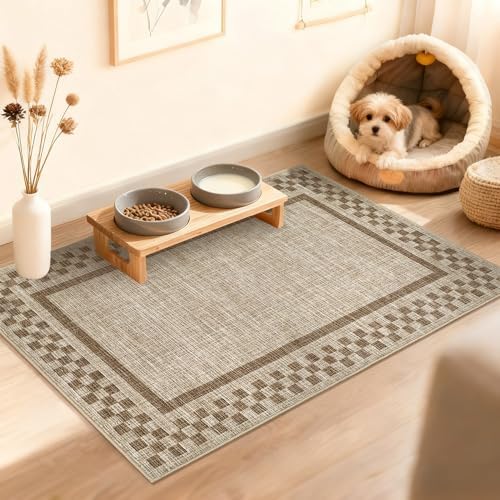 Small Area Rug 2x3 Modern Checkered Entry Rug Solid Color Scalloped Kitchen Rugs Washable Bedroom Doormat Non Slip Stain Resistant Bordered Throw Carpet for Living Room Nursery Laundry, Taupe - Image 3