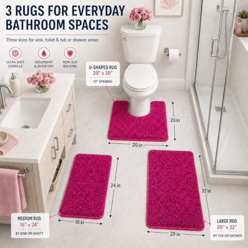 Deep Pink Plush Bath Set - 3 Piece Anti-Slip Mats, Soft Chenille Shaggy Mat for Bathroom, Bedroom & Living Room, Water Absorbent - Image 2