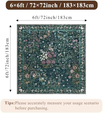 6x6 Washable Area Rug Living Room: Floral Non-Slip Washable Mat for Indoor Floor Dining Room Bedroom High Traffic Area - Soft Low Pile Carpet for Vintage Boho Home Decor (6ft Square, Green) - Image 2