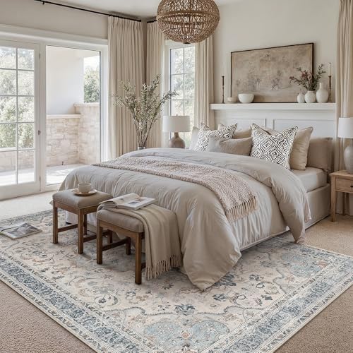 PureCozy Blue Area Rug 6x9 Living Room Vintage Floral Non-Slip Carpet - Image 3