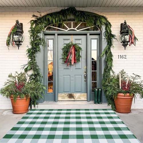 Green & White Christmas Plaid Rug, 4' x 6' Check Indoor/Outdoor Area Rug, Hello/Welcome Door Mat Layering Rug, Machine Washable Cotton Woven Rugs for Farmhouse Front Porch, Entryway by BOTTA
