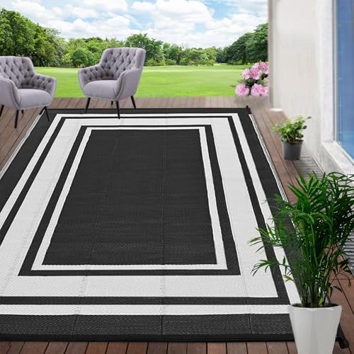 RURALITY Outdoor Rug 9x12 Waterproof for Patio Clearance,Large Plastic Straw Mat for Camping,Porch,RV,Reversible,Black and White by RURALITY