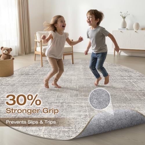 LOONGRUG Round Rug 7x7 Washable Neutral Modern Living Room Rug Brown Gray - Image 3