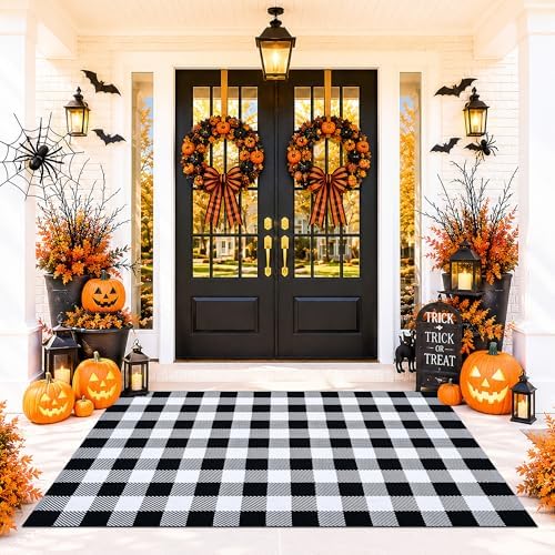 Black and White Buffalo Plaid Rug 4’x 6’, Halloween Door Mat, Washable Layering Rug for Front Door Entryway Porch Indoor Outdoor - Image 2