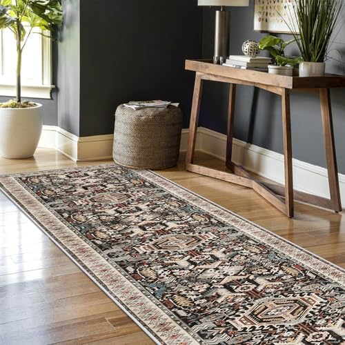 Washable Kitchen Runner Rug 2'6''x12' - Non-Slip Hallway Entryway Rugs with Rubber Backing Soft Thin Carpet for Bathroom Vintage Stain Resistant Indoor Home Decor Mat for Bedroom (Black, 2'6'' x 12') - Image 5