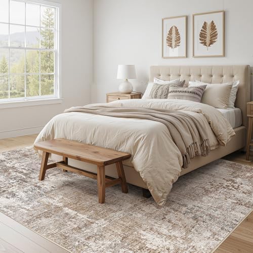 UERMEI Square Area Rugs : Washable 8x8 Neutral Modern Abstract Carpet for Living Room Bedroom - Soft Floor Mat with Non Slip Backing for Kitchen Nursery Dorms Farmhouse Home Decor - Brown/Grey/Red - Image 2
