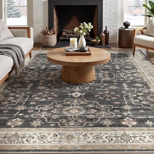 Area Rug for Living Room - 10x12 Soft Washable Oriental Vintage Floral Distressed Large Carpet - Fade Stain Resistant Non Slip Rugs for Bedroom Dining Room Nursery Dorm Office Home Decor - Black by homewill