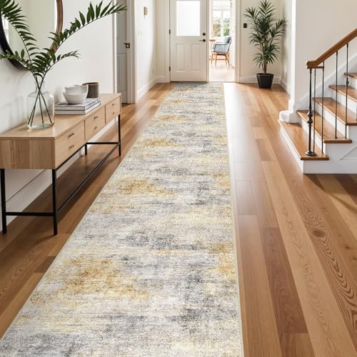 3x20 Runner Rug Washable Abstract: Non Slip Hallway Floor Mat Grey/Yellow by Ksrau