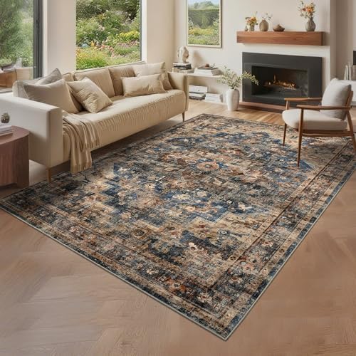 GarveeHome 8x10 Washable Rugs for Living Room Vintage Rug Blue&Brown - Image 3