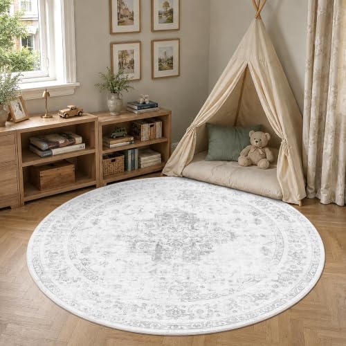 5ft Round Washable Office Rug Non-Slip Medallion Gray Throw Carpet by HOME
