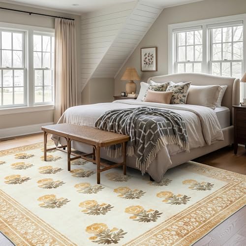 Washable Dining Room Rugs for Under Table - 6x9 Beige Brown Floral Area Rug for Living Room, Low Pile Non Slip Floor Carpet for Bedroom, Vintage Distressed Ultra Soft Stain Resistance - Image 5