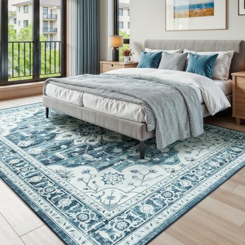 6x9 Washable Area Rugs for Living Room, Blue White Vintage Boho Rug - Image 4