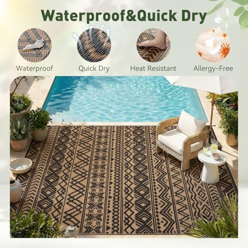 MontVoo Outdoor Rug Carpet Waterproof 9x12 Outdoor Patio Rug Mat Reverisble Plastic Straw Outdoor Rug for RV Camping Picnic Beach Balcony Boho Black Brown Large - Image 4