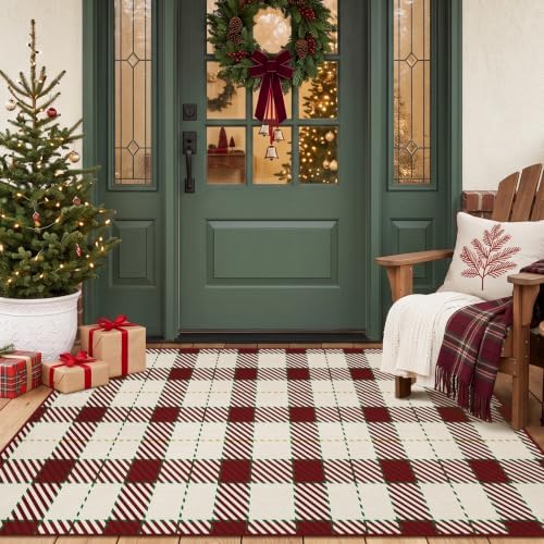 JTJ Easy Jute 3x5 Outdoor Rug for Front Porch, Red & White Plaid, Washable by JTJ