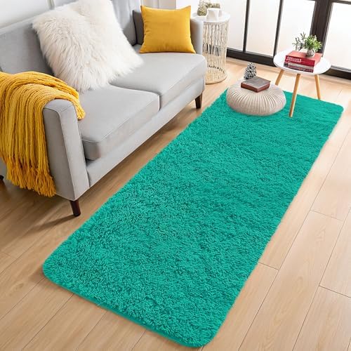 OLANLY 2x6 Machine Washable Runner Rugs for Hallway, Soft Fluffy Shaggy Bedside Rugs for Bedroom, Living Room, Indoor Floor Carpet for Kids Girls and Boys, Home Decor Aesthetic, Teal Green by OLANLY