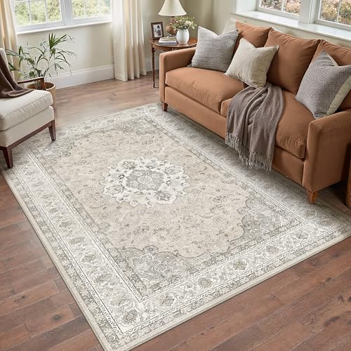 4x6 Washable Area Rug Beige Brown Non Slip Vintage Carpet - Image 3