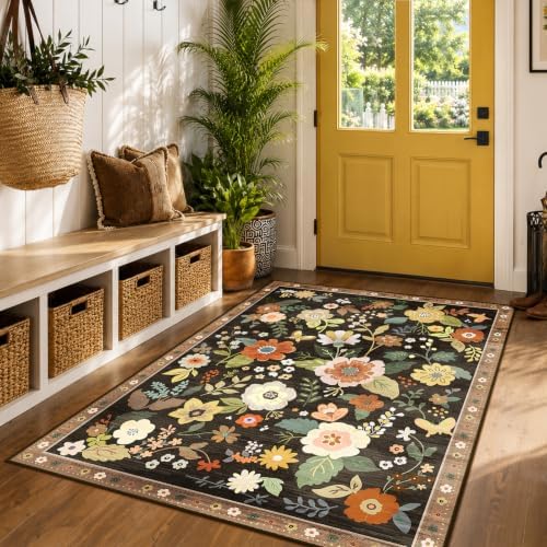 RELEANY Floral Washable 4x6 Area Rugs Black/Yellow - Image 2