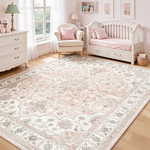 5x7 Washable Nursery Rug, Cute Pink Non-Slip Rugs for Bedroom Girls by Vibrug