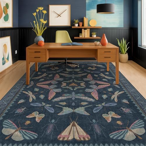 Navy Blue 6x8 Boho Rug for Living Room, Stain Resistant Non Slip Area Rug for Dining Room & Bedroom, Dark Vintage Insect Carpet, Soft Low Pile - Image 6