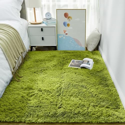 Ophanie Green Grass Area Rugs for Bedroom, 3x5 Shag Fluffy Carpet, Fuzzy Furry Plush Soft Cute Kids Baby Girls Shaggy Bedside Floor Rug for Teen Nursery Decor Aesthetic with Over 99 pcs Pile fibers by Ophanie