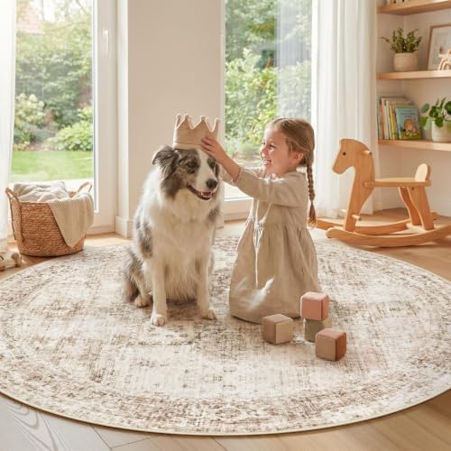 Round Rugs 6ft Washable Rug, Vintage Boho Medallion Rugs Non-Slip Soft Low Pile Circle Distressed Rug Indoor Retro Carpet for Living Room Bedroom Dining Room Home Office (Brown, 6' Round) - Image 2
