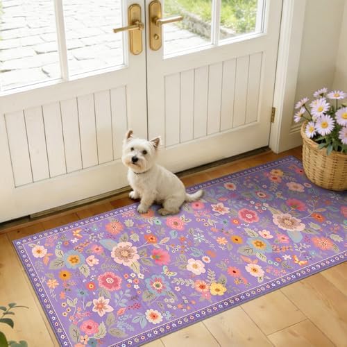 Floral Washable 2x5 Area Rugs Runner Entryway Hallway Purple/Pink - Image 2