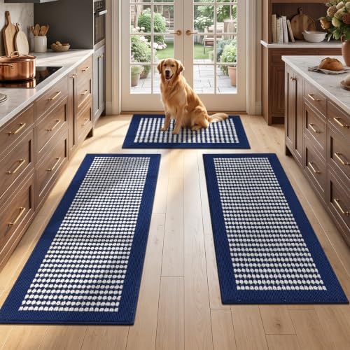 Ileading Kitchen Mat Sets 3 Piece Washable Navy Kitchen Floor Runner Rugs by Ileading