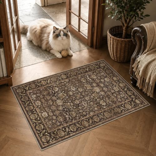 Washable 2x3 Entryway Non-Slip Area Rug Distressed Brown Door Mat by HOME