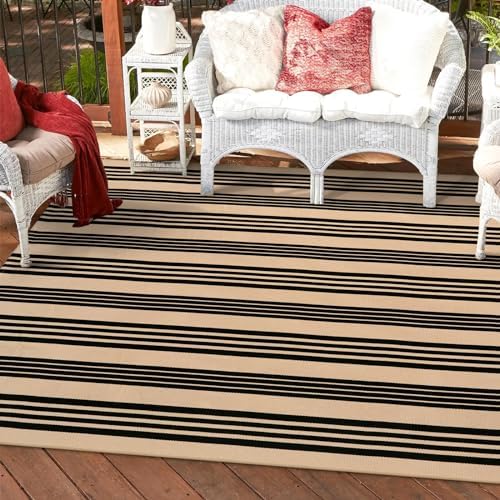 OJIA Outdoor Patio Rug 5'x7', Black and Tan Striped Outdoor Rugs Fall Decor - Image 7